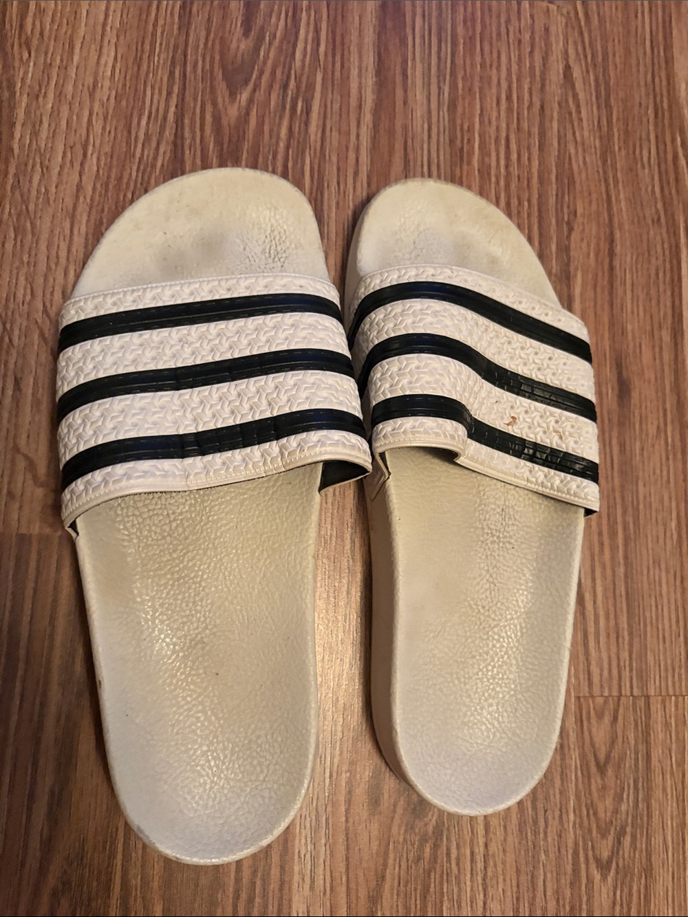Adidas Classic Slide Sandals in Cream with Black Stripes